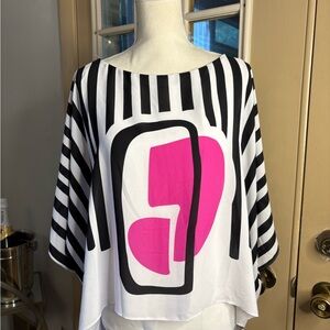 Joseph Ribkoff Black and White Striped Blouse with Pink Design